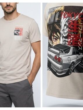 Tokyo Racer Graphic Short-Sleeve T-Shirt - Beige -Medium  Preloved